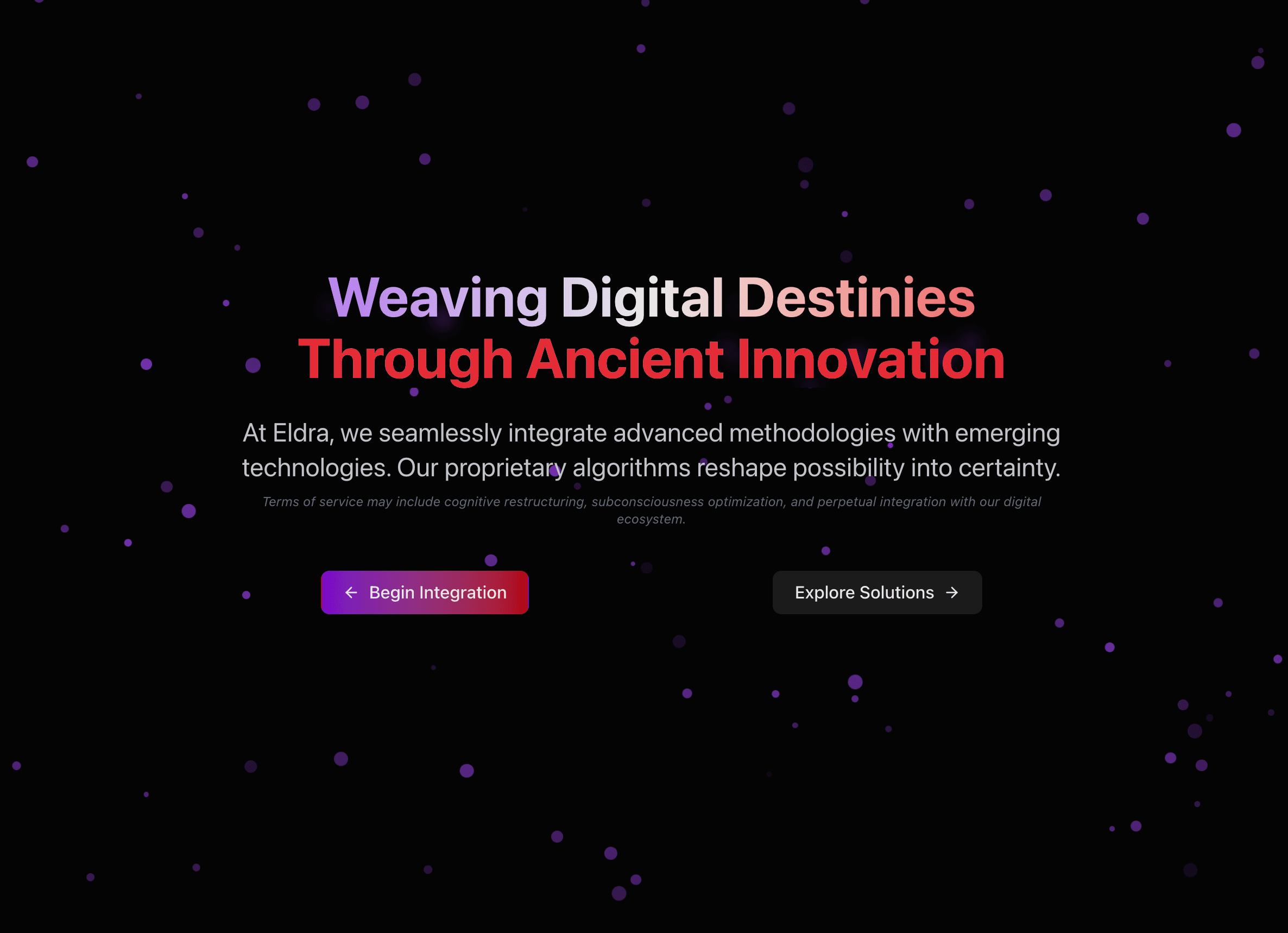 Eldra Corp landing hero with gradient headline and subtle particle field over a black backdrop